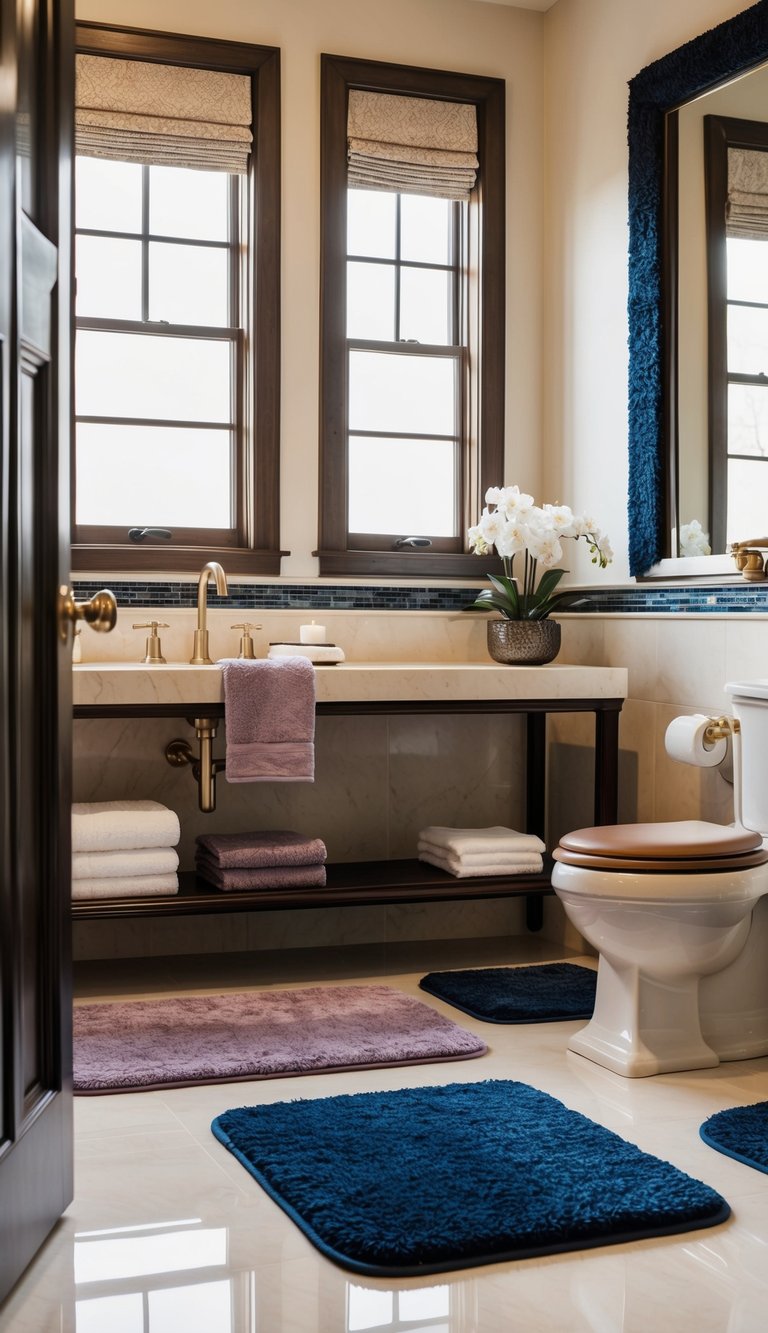 A luxurious bathroom with plush, elegant rugs and mats in coordinating colors, adding comfort and functionality to the space