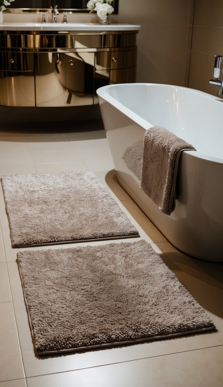 A plush, elegant bathroom rug and mat set placed on a sleek, tiled floor with a modern bathtub and a polished vanity in the background
