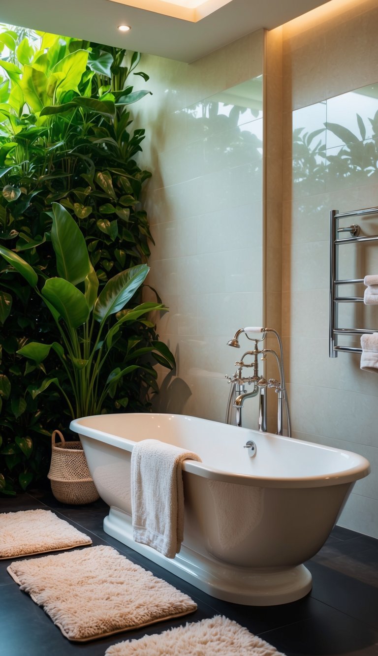 A luxurious bathroom with plush, elegant rugs and mats, soft lighting, and a freestanding bathtub surrounded by lush greenery