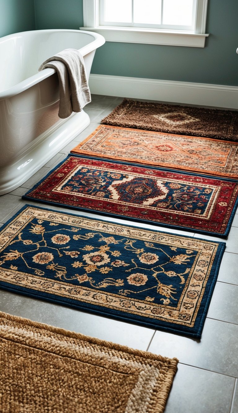 A bathroom with a variety of elegant rugs and mats laid out, showcasing different colors, patterns, and textures