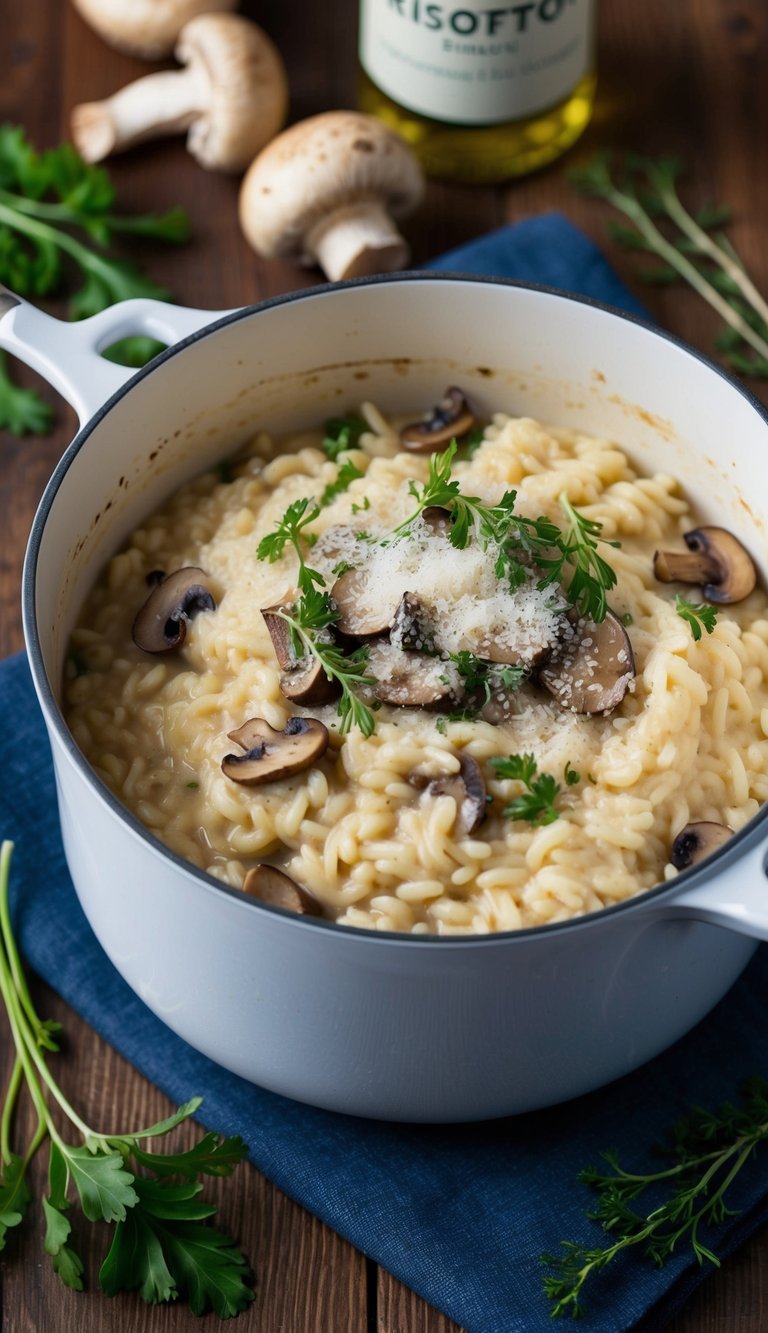A bubbling pot of creamy risotto with earthy mushrooms, grated parmesan, and a drizzle of aromatic white truffle oil