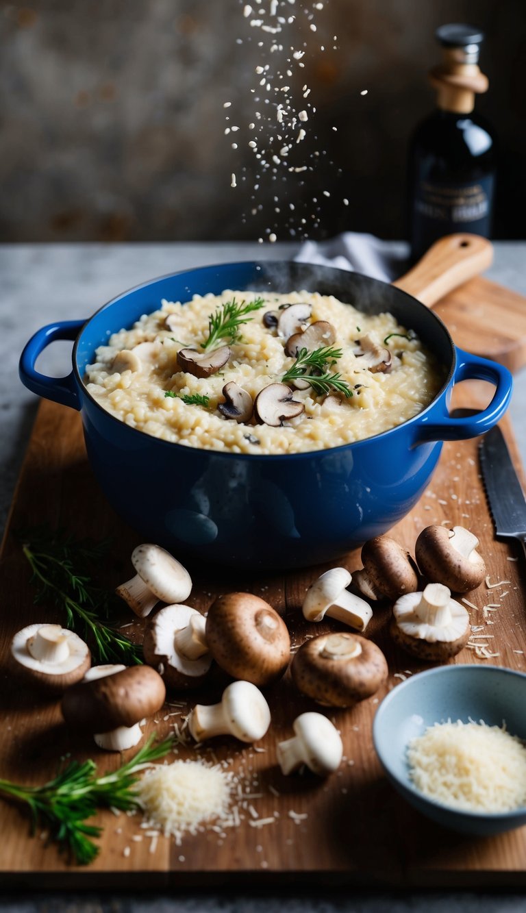 A rustic kitchen with a bubbling pot of creamy risotto, surrounded by assorted wild mushrooms, Parmesan cheese, and a drizzle of white truffle oil