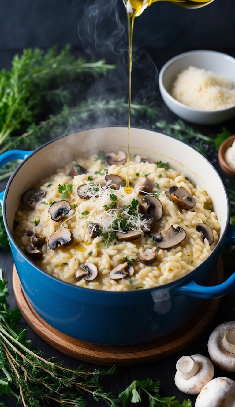 A steaming pot of creamy risotto with wild mushrooms, Parmesan, and a drizzle of white truffle oil, surrounded by fresh herbs and ingredients