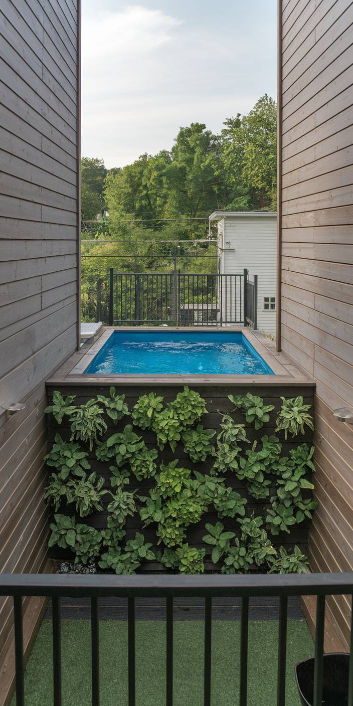 A narrow courtyard features a small pool with surrounding greenery and wooden walls, overlooking a lush, green landscape under a clear sky.