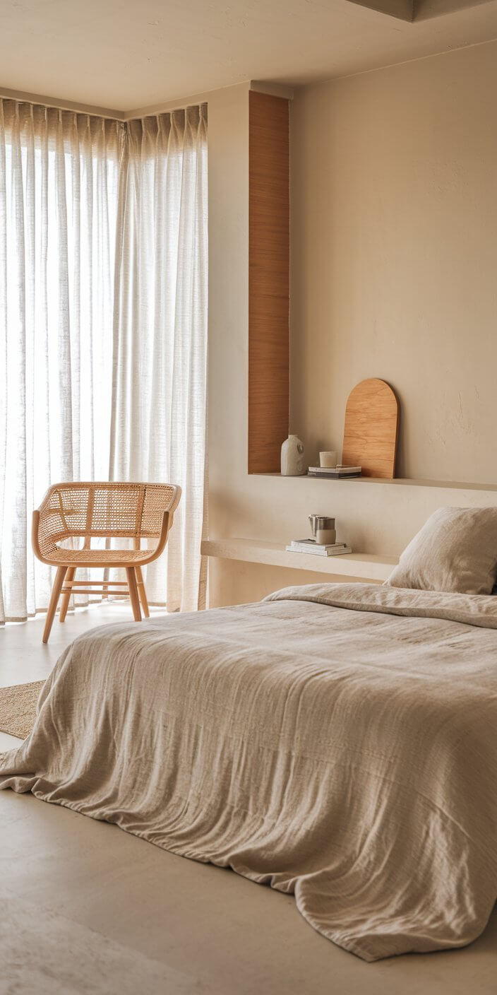 Minimalist bedroom with neutral tones, featuring a cozy bed, wicker chair, soft curtains, and decorative items on a shelf, creating a serene ambiance.