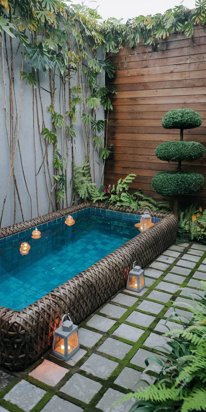 Cozy garden corner features a small tiled pool, surrounded by lush plants and lanterns. A wooden fence and topiary add charm.