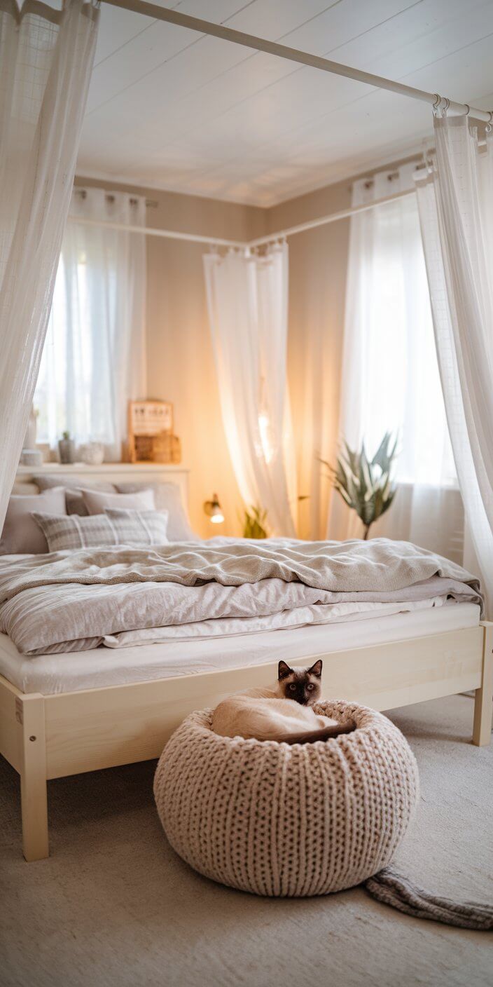 A cozy bedroom with soft lighting, featuring a canopy bed, sheer curtains, and a cat lounging in a knitted basket.