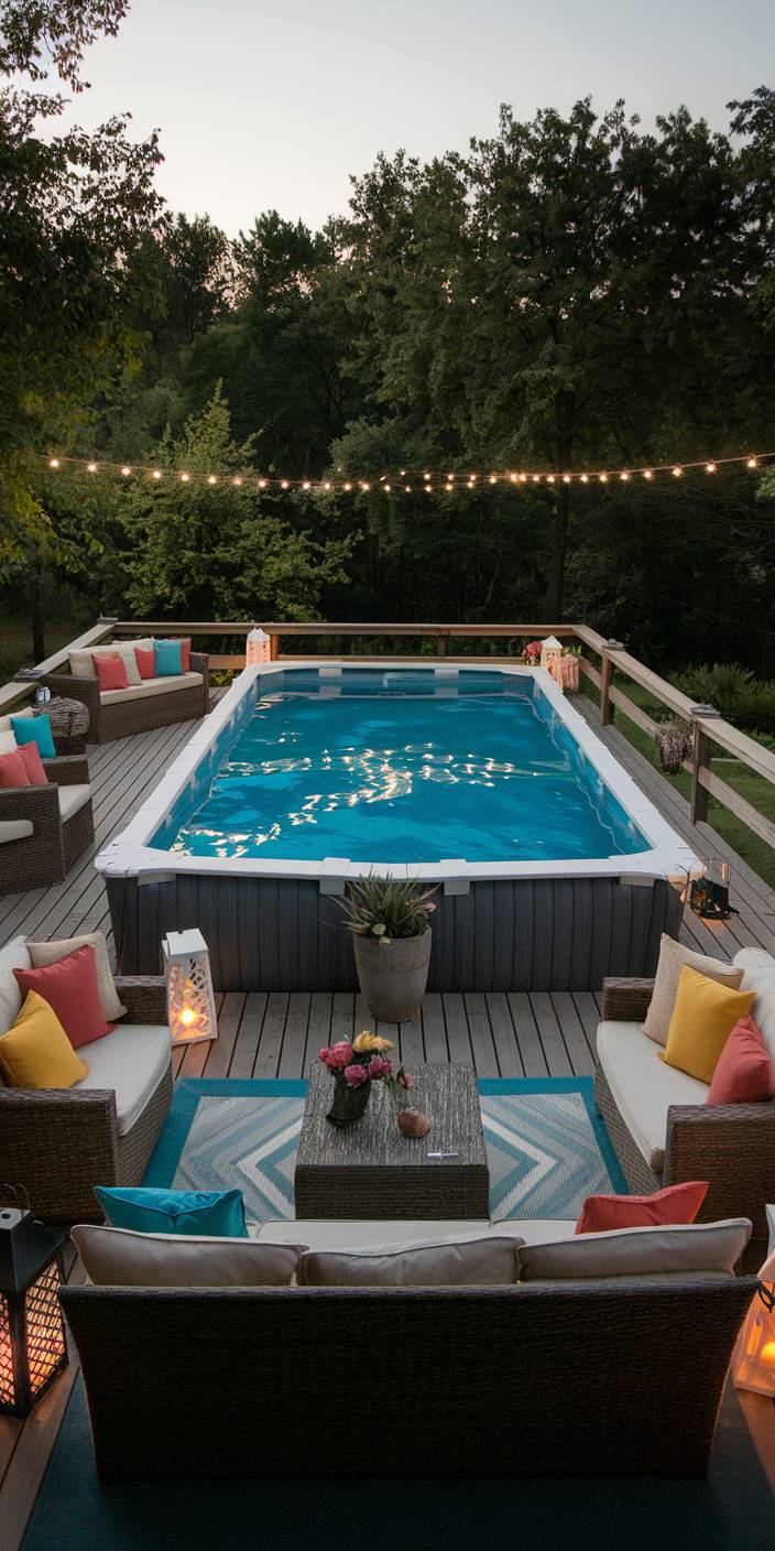 Luxurious outdoor deck with an above-ground pool, surrounded by stylish seating, colorful cushions, lanterns, and string lights; nestled against a forest backdrop.