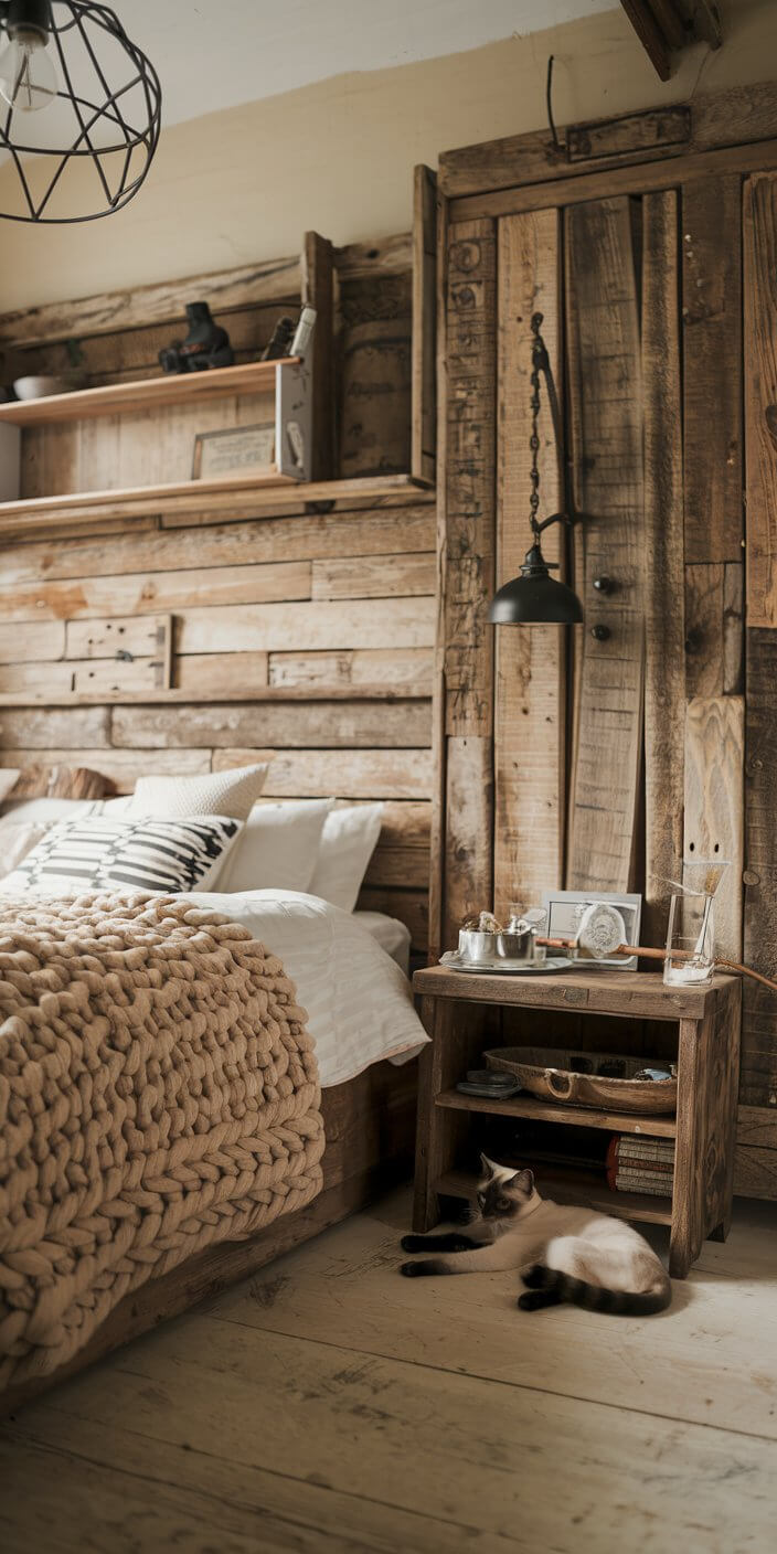 Cozy rustic bedroom with wooden decor, bedside shelf, and pendant light. A cat rests on the floor, next to a chunky knit blanket.