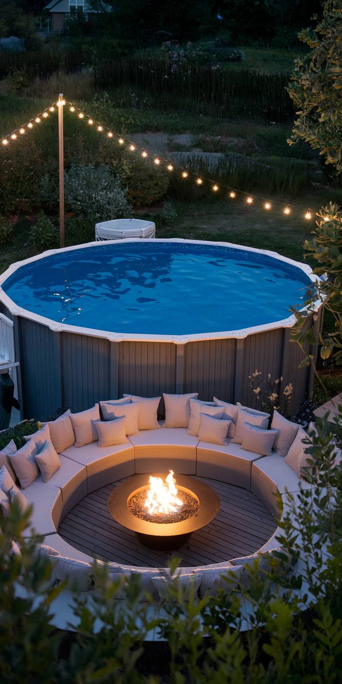 An outdoor space features an above-ground pool and circular firepit with surrounding seating, adorned with string lights, set in a lush garden.