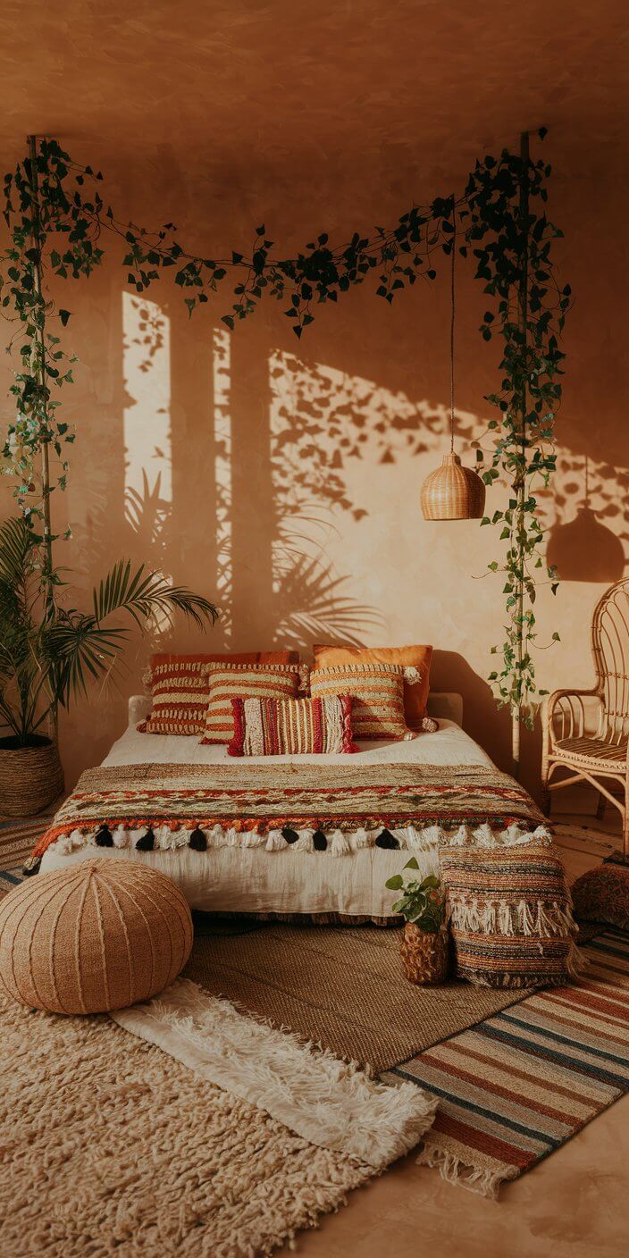 A cozy bedroom with a bed adorned with textured cushions and throws. Earthy tones, sunlight, hanging plants, and vines create a warm ambiance.