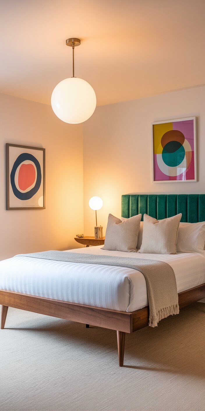Modern bedroom features a white-sheeted bed with green headboard, abstract art, round lamps, and a large globe ceiling light. Cozy and stylish.