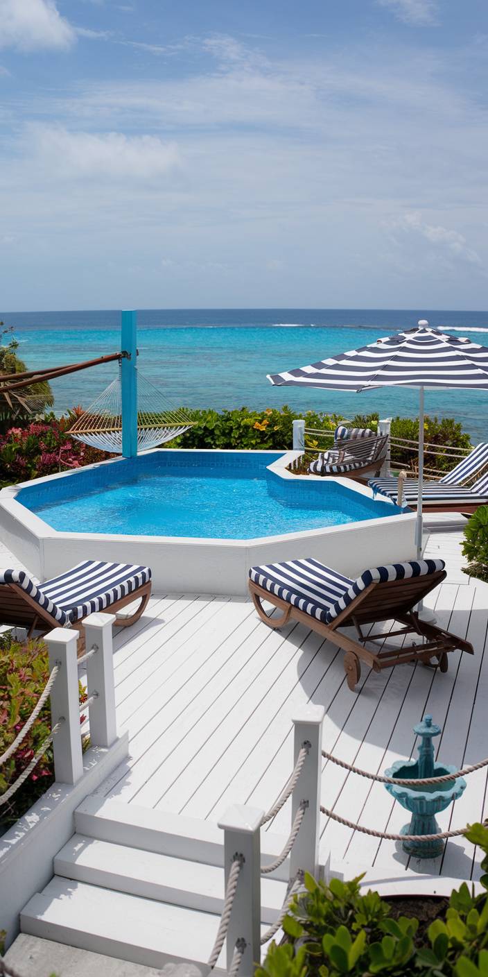 Poolside view with striped loungers, umbrella, hammock, and turquoise ocean in background. White deck and greenery enhance the serene coastal setting.