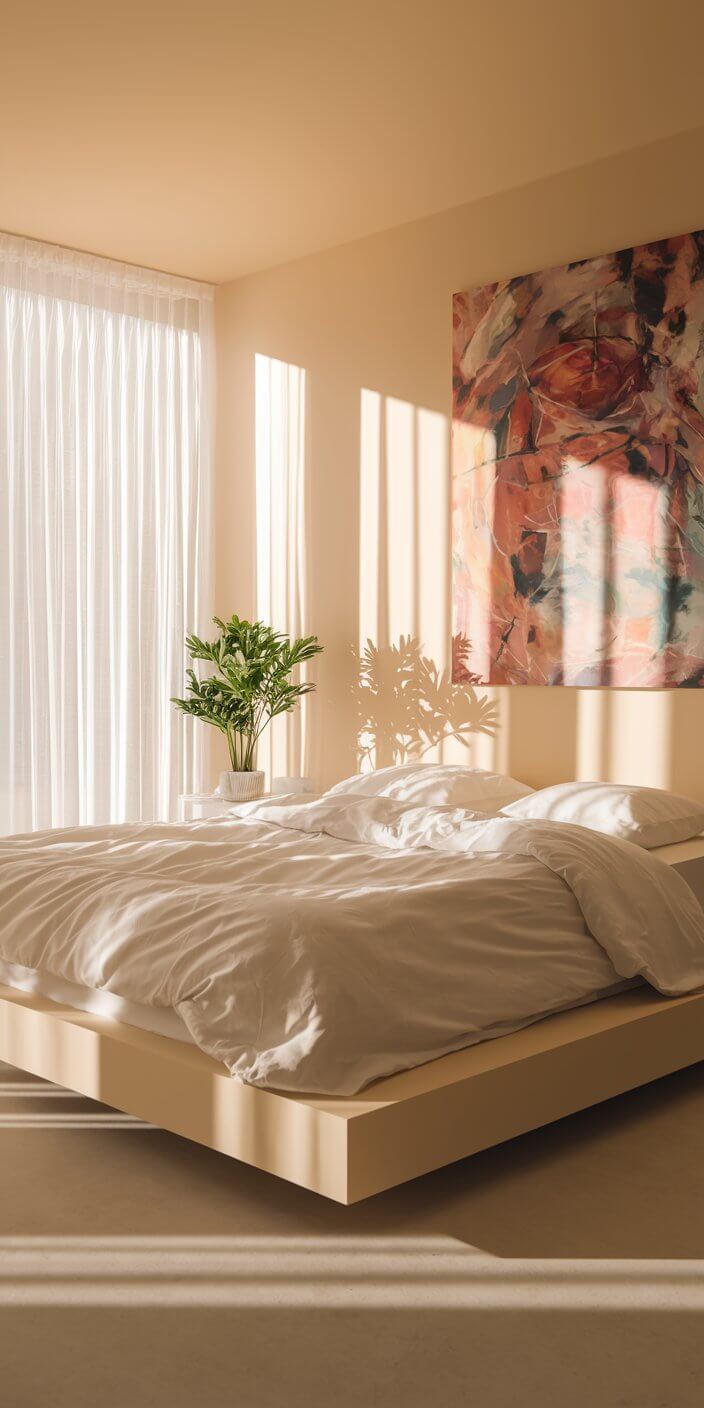 Sunlit bedroom with a minimalist design, featuring a bed, abstract painting, and a potted plant, creating a peaceful, warm atmosphere.
