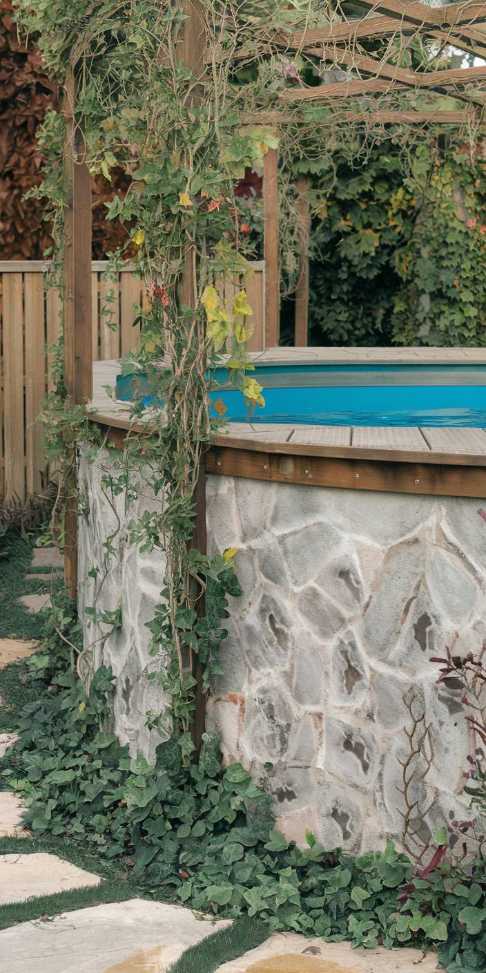 A garden scene with a stone-bordered pool, wooden pergola, and lush green vines. The area is serene and natural.