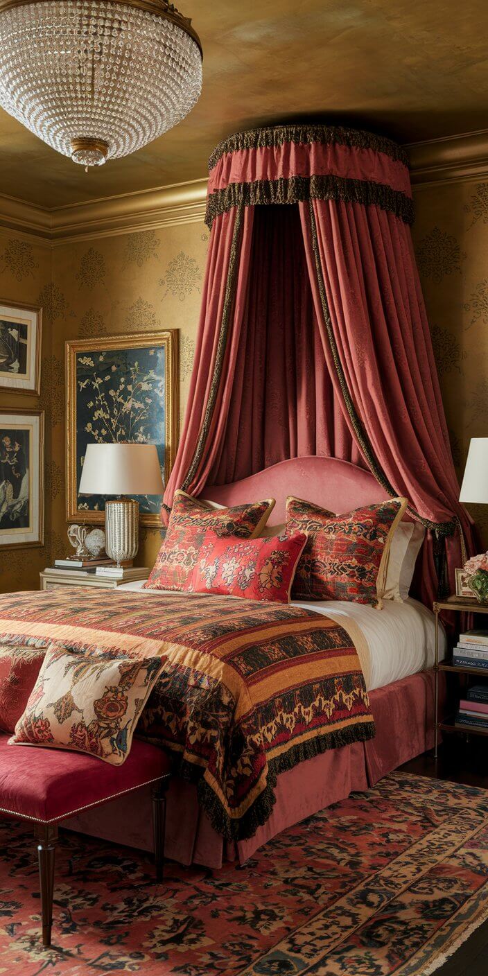 Luxurious bedroom with an ornate chandelier, a canopy bed adorned in red and gold fabrics, and elegant artwork on patterned walls.