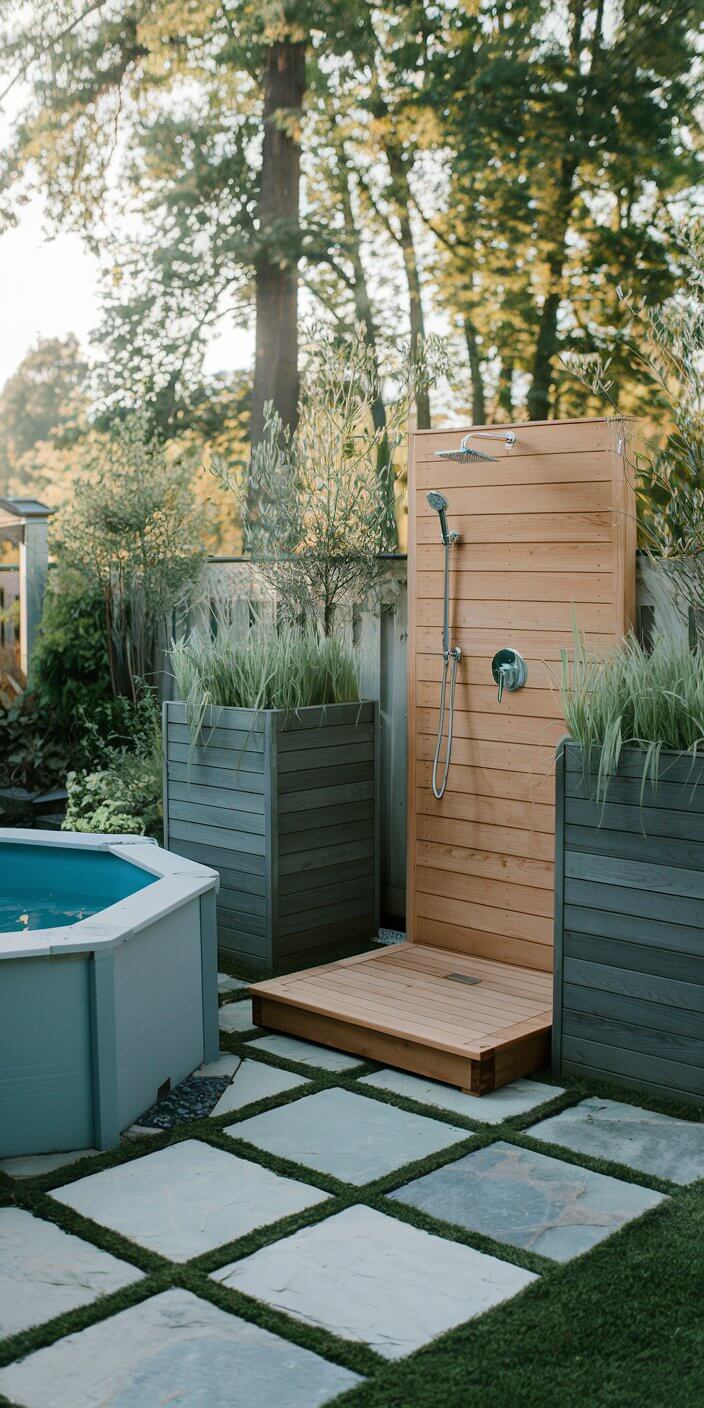 Outdoor shower with wooden enclosure, surrounded by potted plants and stone tiles, next to a small above-ground pool. Trees in the background.