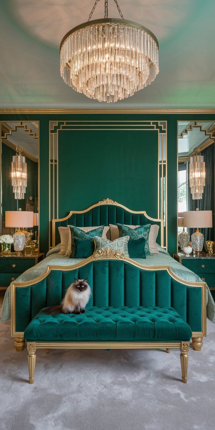 Elegant bedroom with green and gold decor, featuring a luxurious chandelier, plush bench, and a fluffy cat on a soft bedspread.