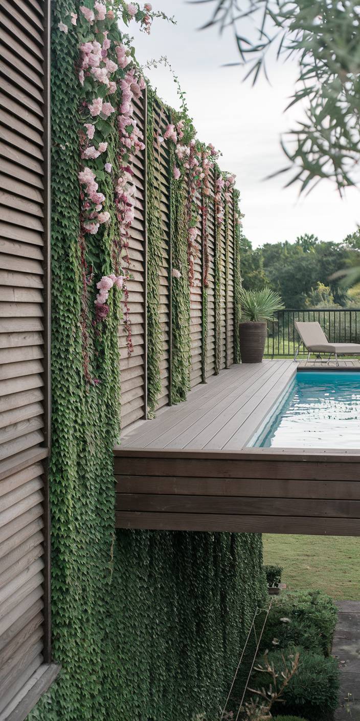 Wooden deck with pink flowers and green vines, overlooking a swimming pool. A chair and potted plant sit beside a grassy view.