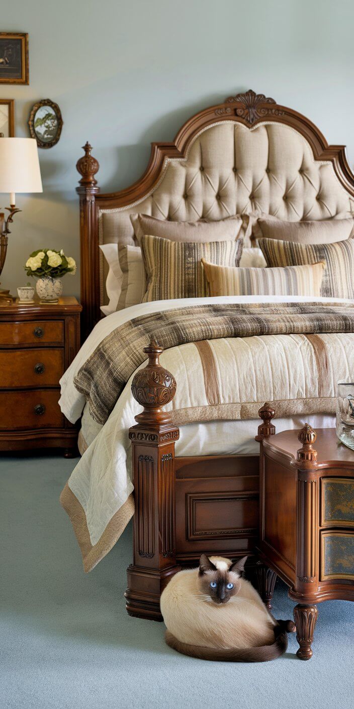 Elegant bedroom with tufted headboard, wooden furniture, and a Siamese cat on the soft carpet. Decor includes floral arrangement and framed art.