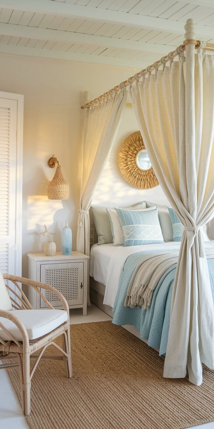 Cozy bedroom features a canopy bed, light pastel palette, woven chair, textured rug, and seaside decor accents enhancing the serene, coastal ambiance.
