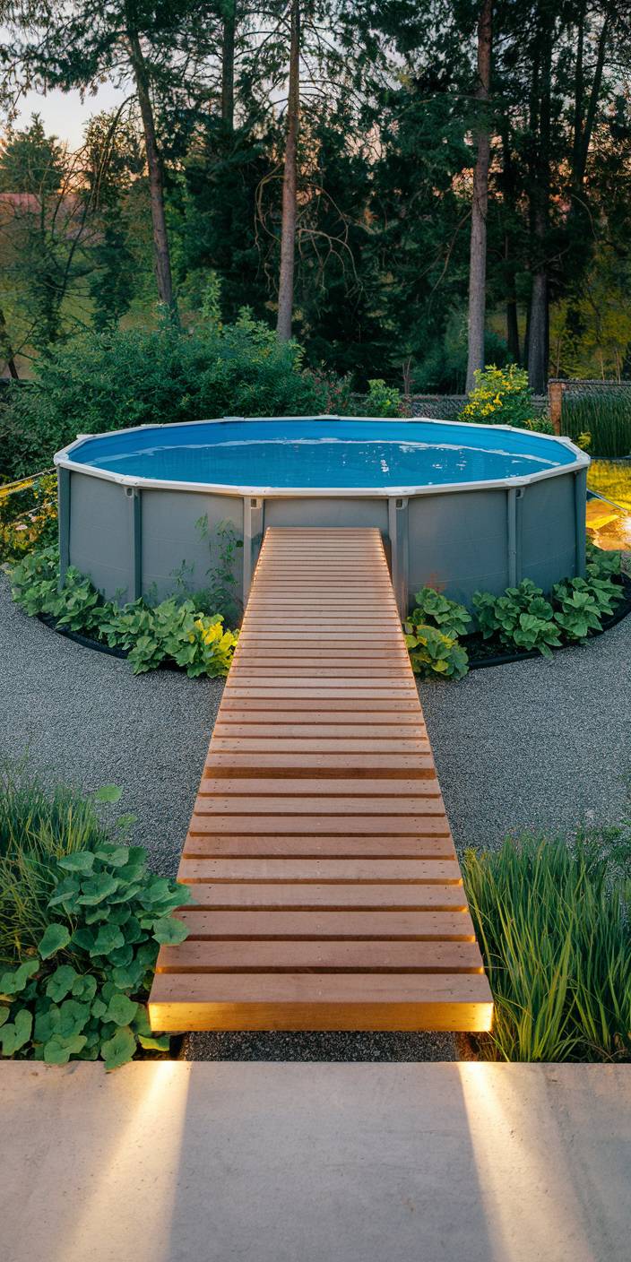 An above-ground pool with a wooden walkway is surrounded by lush greenery and tall trees, creating a serene outdoor setting.