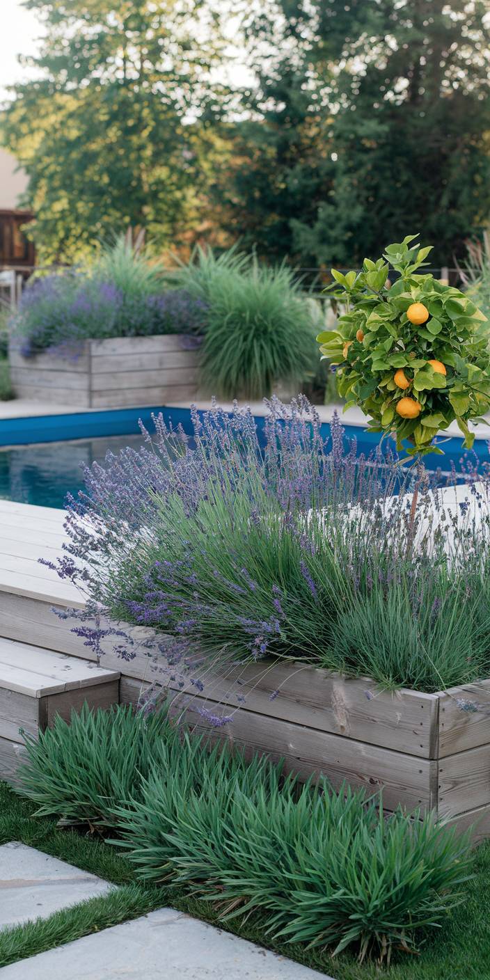 A tranquil garden features lavender, citrus trees, and a wooden deck beside a pool, surrounded by lush greenery and sunlight filtering through trees.