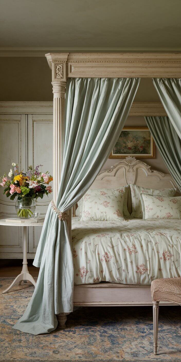 Elegant bedroom featuring a four-poster bed with floral bedding, draped curtains, a side table with flowers, and classic decor elements.