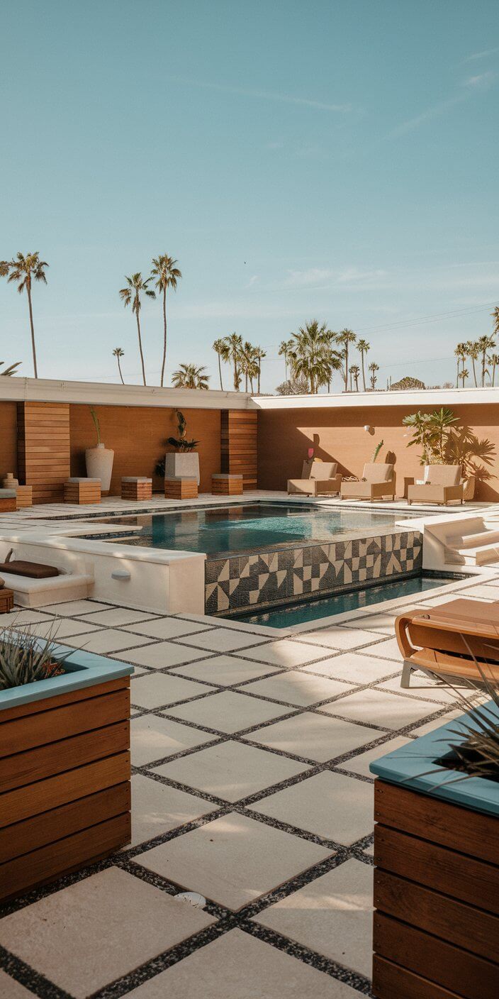 Modern pool surrounded by geometric tiles, wooden deck, and palm trees. Lounge chairs placed neatly on a sunny day under the blue sky.