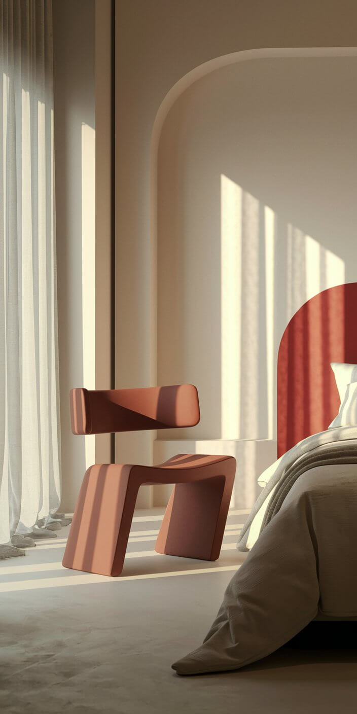 Modern bedroom with minimalist design. Geometric chair, curved headboard, and soft light filtering through sheer curtains create a serene, elegant atmosphere.