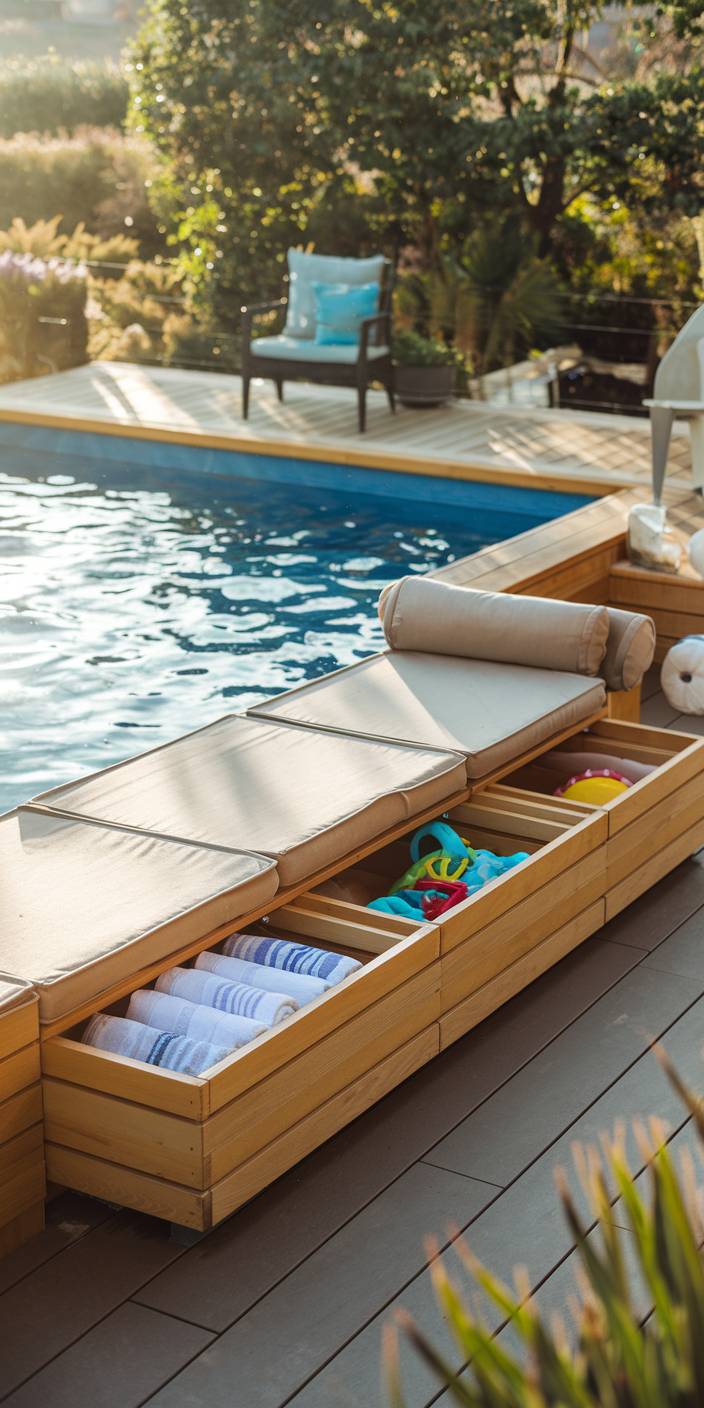 A serene backyard scene with a wooden poolside bench, pool toys, loungers, and a chair under greenery, creating a relaxed summer vibe.