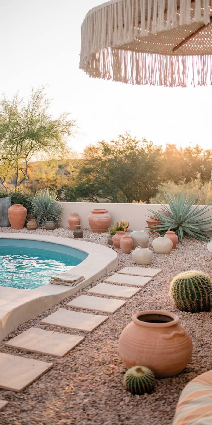 A serene desert garden with a small pool, terracotta pots, cacti, agave plants, and fringed umbrella in the warm evening sunlight.