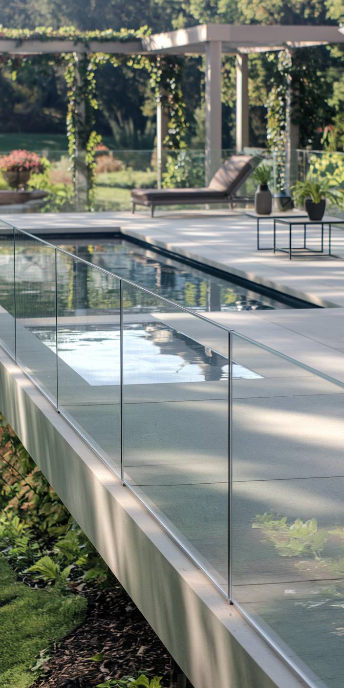 Modern outdoor space with pool, glass railing, pergola, plants, and lounge chairs, set in a lush, green garden backdrop. Peaceful and elegant atmosphere.