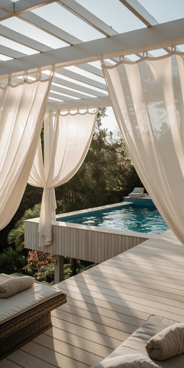 Luxurious outdoor setting with a wooden deck, flowing curtains, and an inviting pool amidst lush greenery under bright sunlight.