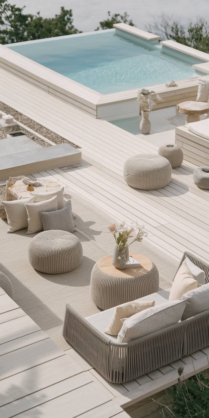 Elegant outdoor terrace with modern furniture, neutral tones, and a pool. Features comfortable seating, decorative pillows, and a serene atmosphere, perfect for relaxation.