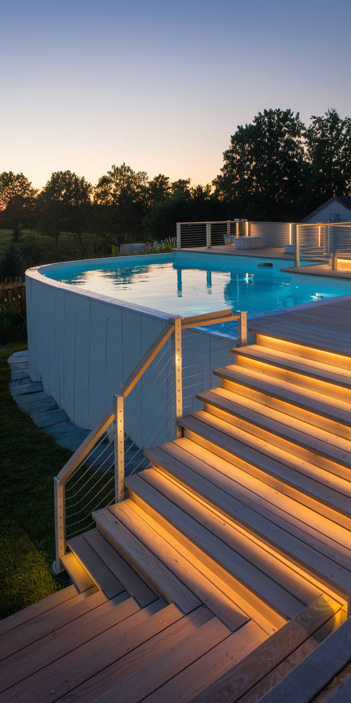 Lit wooden stairs lead to an elevated pool with railing, surrounded by trees at dusk, under a clear sky.