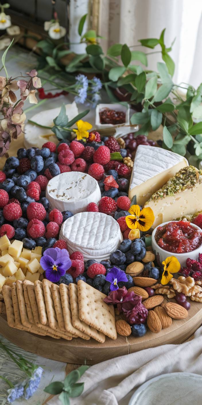 A beautifully arranged cheese platter features various cheeses, crackers, nuts, berries, and decorative flowers on a wooden board, surrounded by greenery.