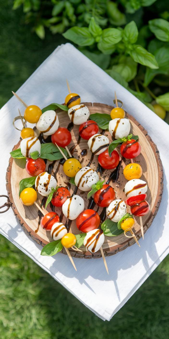 Colorful Caprese skewers with tomatoes, mozzarella, basil, and balsamic drizzle on a wooden platter, placed on a white cloth, surrounded by greenery.