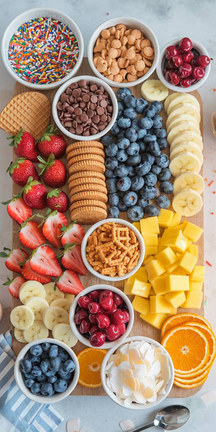 A colorful spread of fruits, nuts, and sweets arranged on a wooden board with bowls containing sprinkles, chips, and cherries.