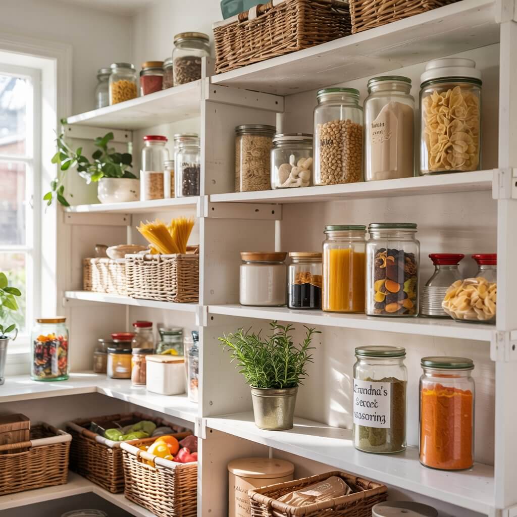 Organized pantry shelves with jars of pasta, spices, and grains. Baskets hold fresh produce. Bright window light highlights a neat arrangement.