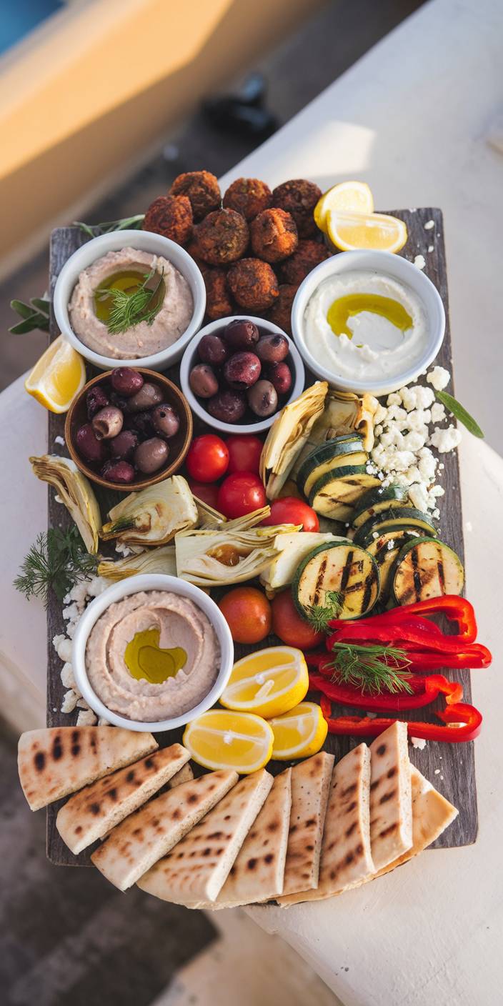 A beautifully arranged Mediterranean platter featuring dips, olives, pita bread, grilled vegetables, and herbs, set against a sunlit background.