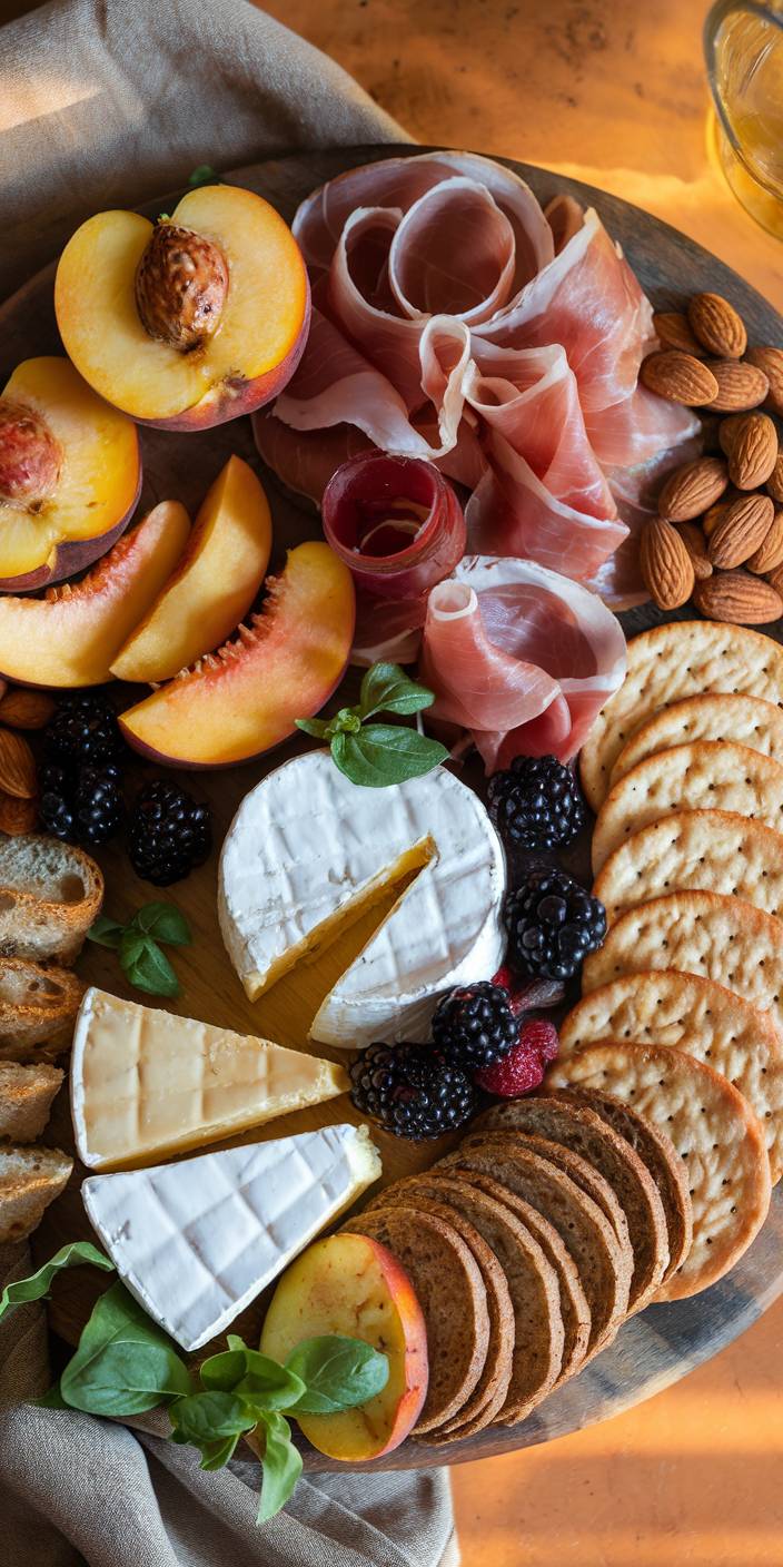 A wooden platter featuring cheeses, sliced peaches, prosciutto, crackers, almonds, blackberries, and greens, arranged attractively on a linen cloth.