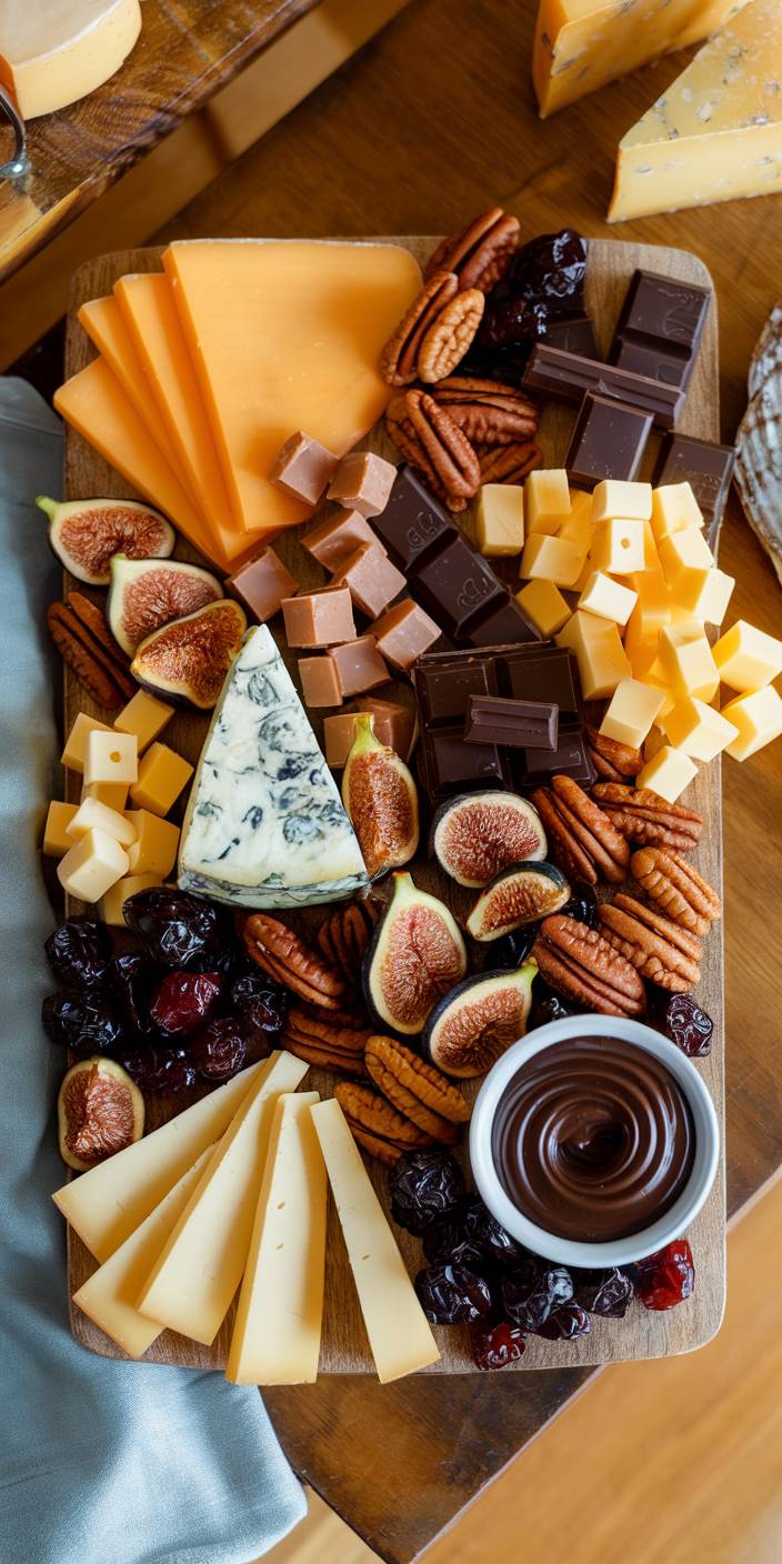 A wooden board featuring cheeses, figs, nuts, chocolates, and a small bowl of chocolate sauce, artfully arranged for a gourmet presentation.