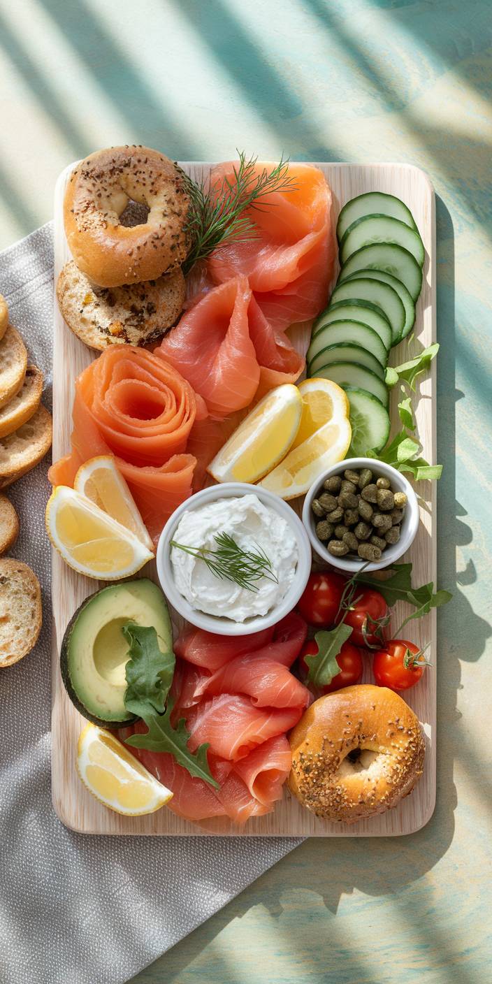 A wooden board with bagels, smoked salmon, cream cheese, lemon wedges, cucumber slices, avocado, capers, and tomatoes, arranged for a fresh brunch.