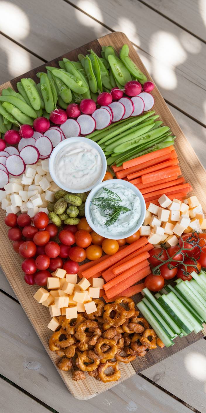 A wooden board displaying assorted fresh vegetables, cheeses, pretzels, and dips. Includes tomatoes, cucumbers, radishes, and carrots, arranged in a colorful pattern.