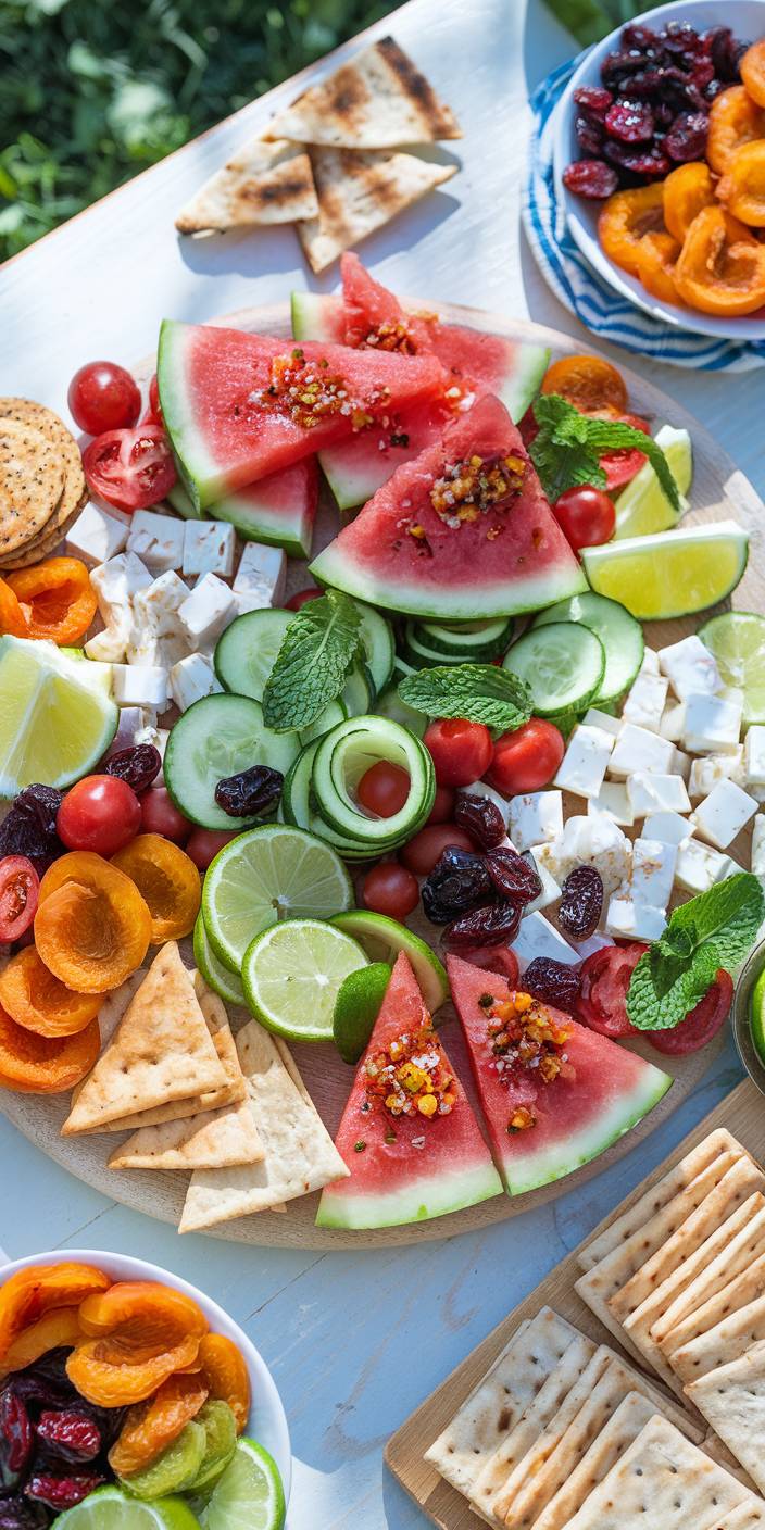 A colorful, sunlit platter of watermelon, cucumber, tomatoes, feta, lime, apricots, and crackers on a light wooden table, perfect for summer gatherings.