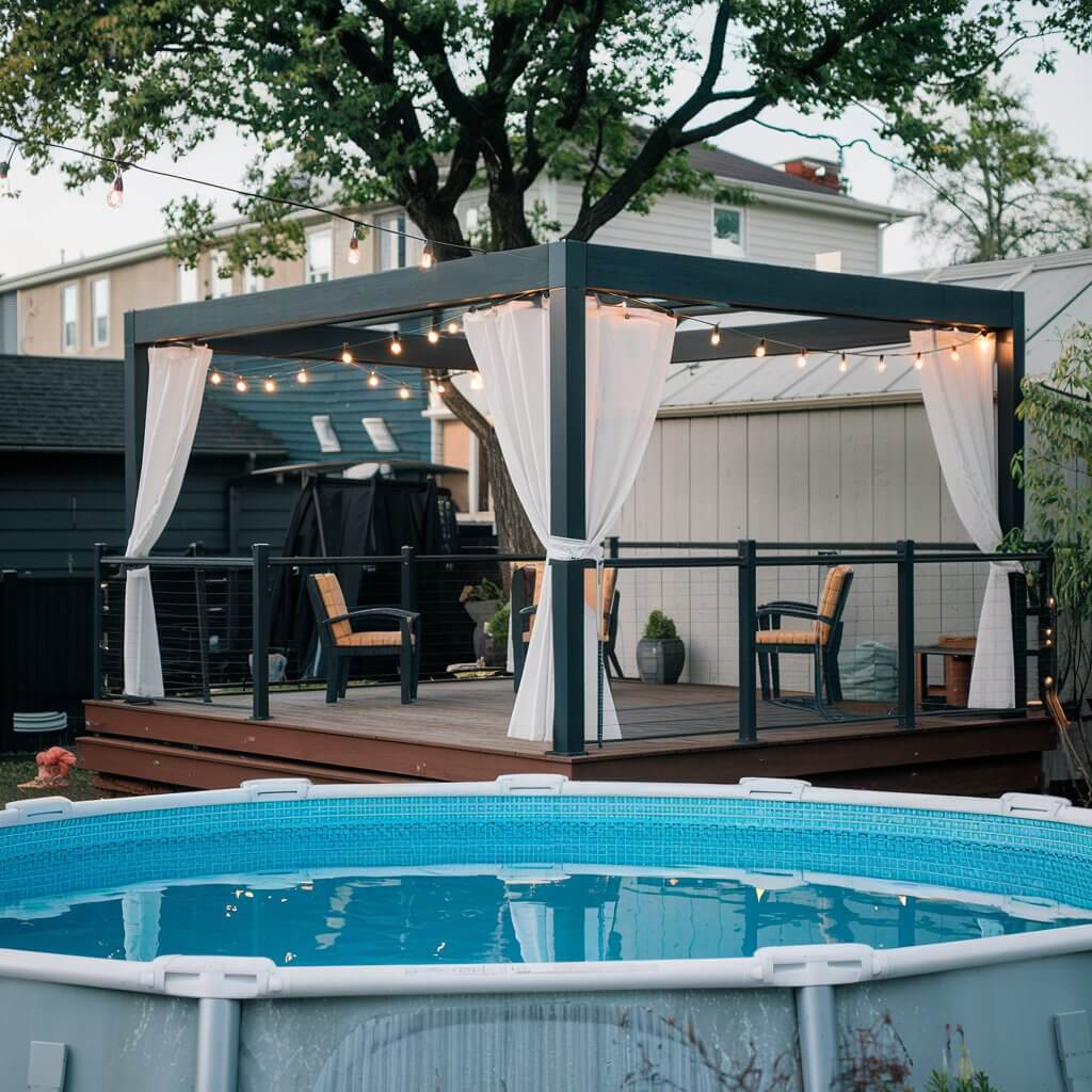 A backyard features a pool, wooden deck with white drapes, string lights, and two chairs, surrounded by trees and residential buildings.