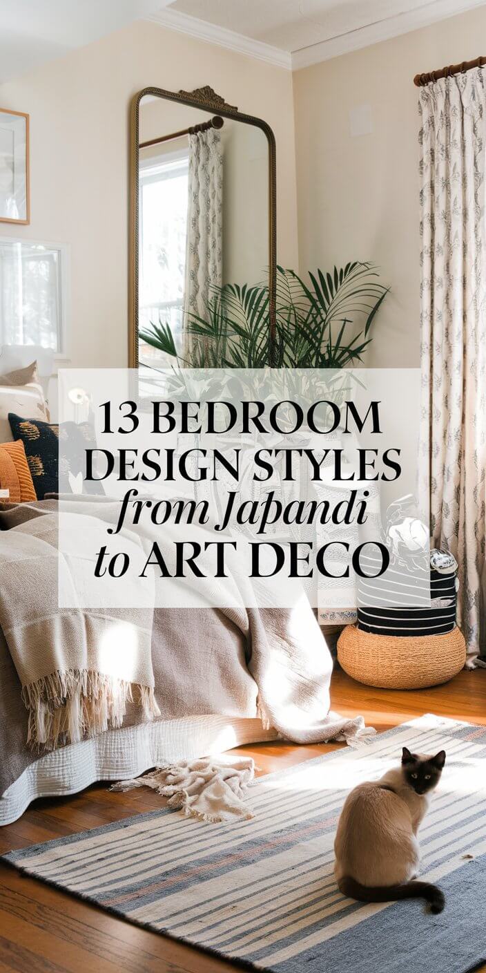 Cozy bedroom with plants, a large mirror, textiles, and a cat on a striped rug; text features design styles from Japandi to Art Deco.