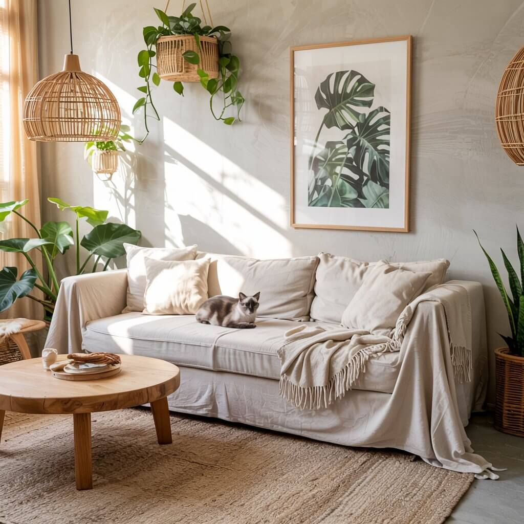 Sunlit living room with cozy beige sofa, cat lounging, surrounded by green plants, rattan light fixtures, wooden table, and leaf artwork.