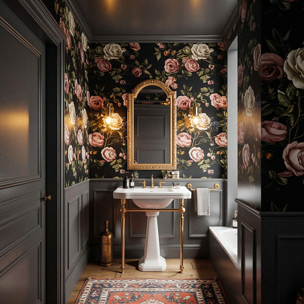 A vintage bathroom with dark floral wallpaper, a white pedestal sink under a gold-framed mirror, and a patterned rug.